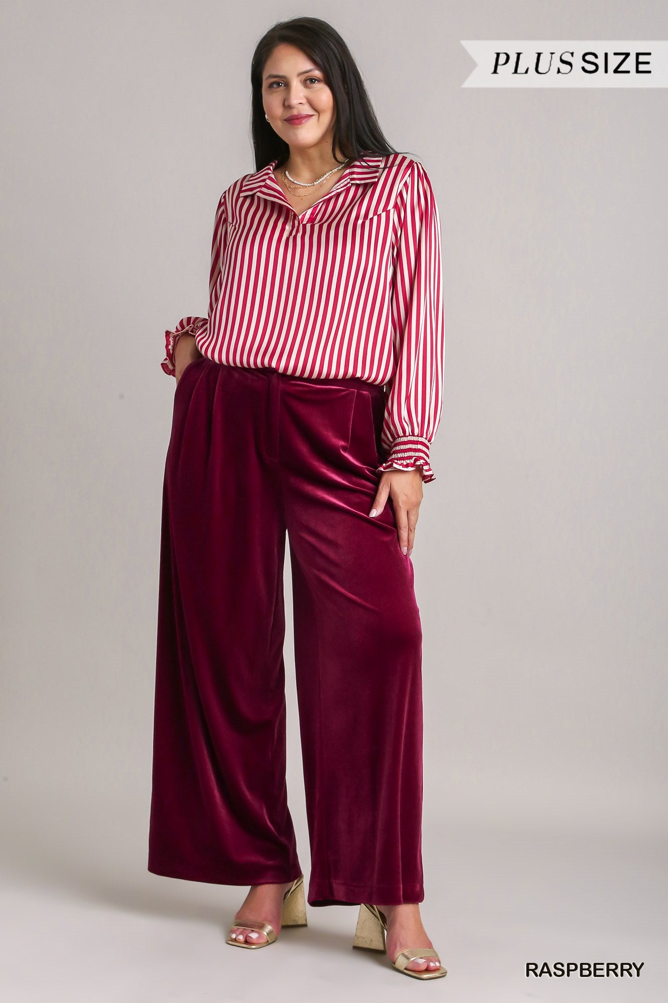 Umgee Plus Velvet High Waisted Pleated Wide Leg Pants