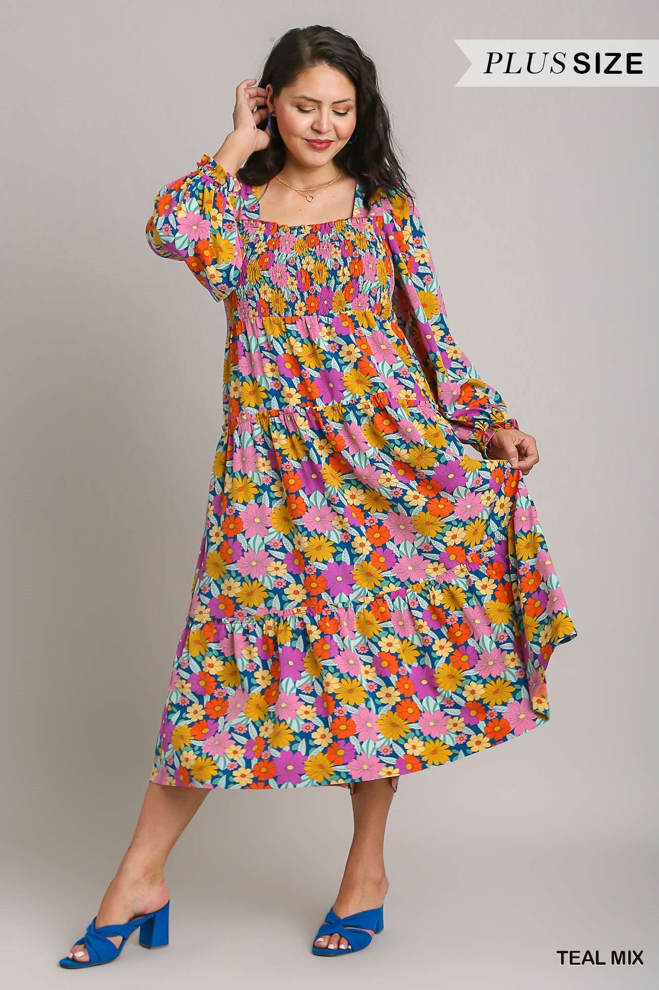 Umgee Plus Floral Print Ruffle Cuffed Long Sleeve Square Neck Dress