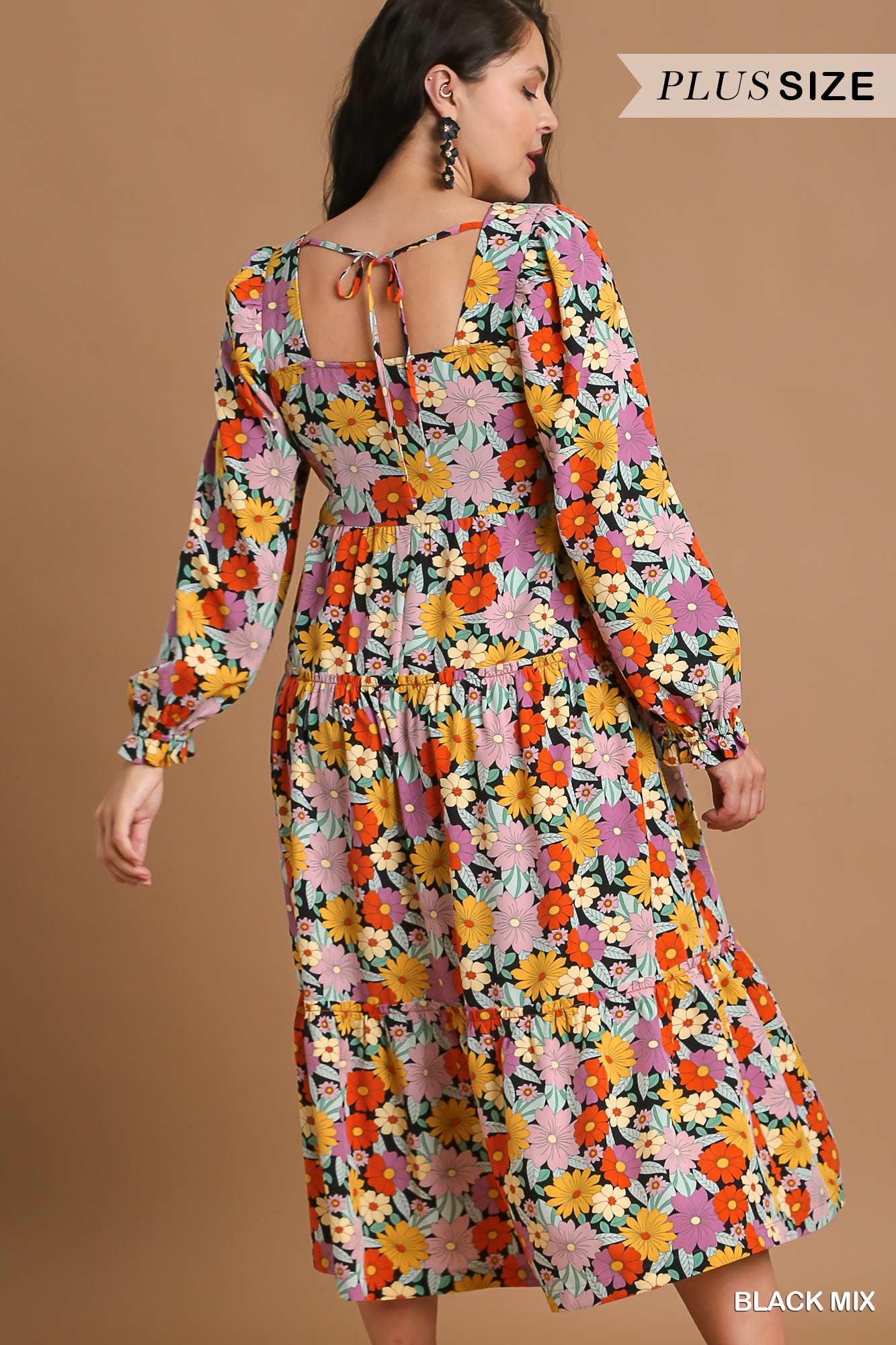 Umgee Plus Floral Print Ruffle Cuffed Long Sleeve Square Neck Dress
