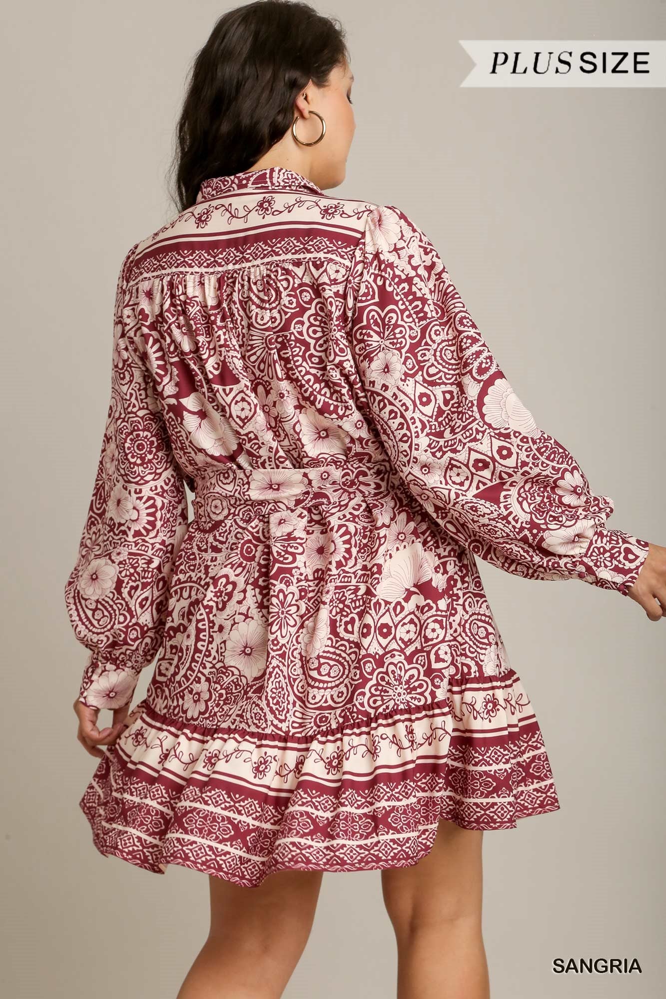 Umgee Plus Two Tone Floral Boarder Print Belt Dress
