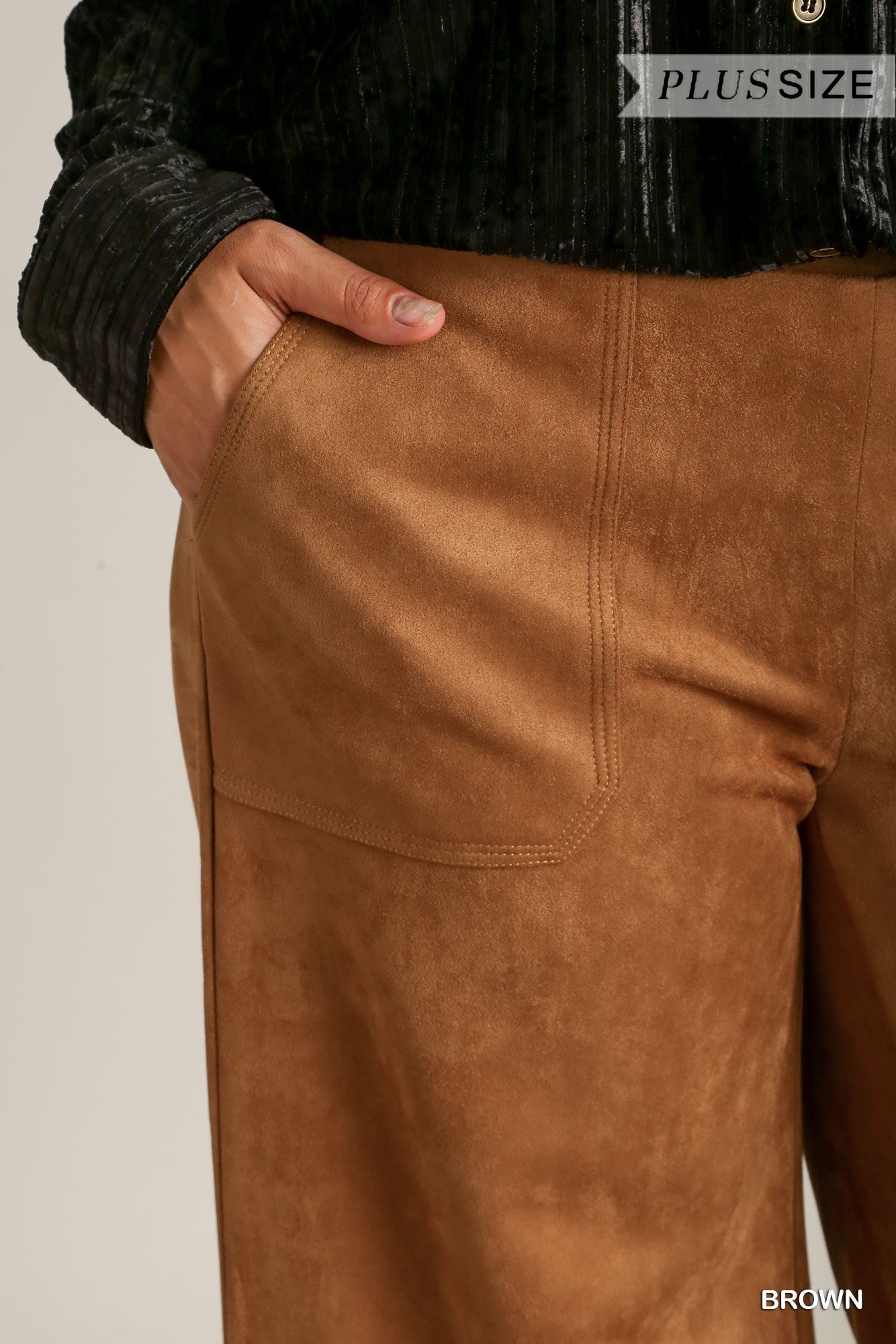 Umgee Plus Solid Suede Frey Hem Thick Stitch Long Pants