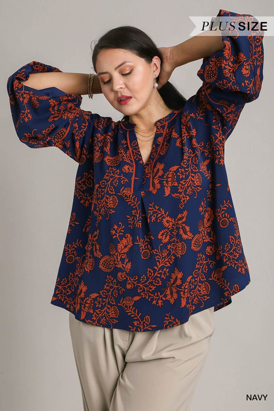 Umgee Plus Balloon Sleeve Printed V-Notch Top