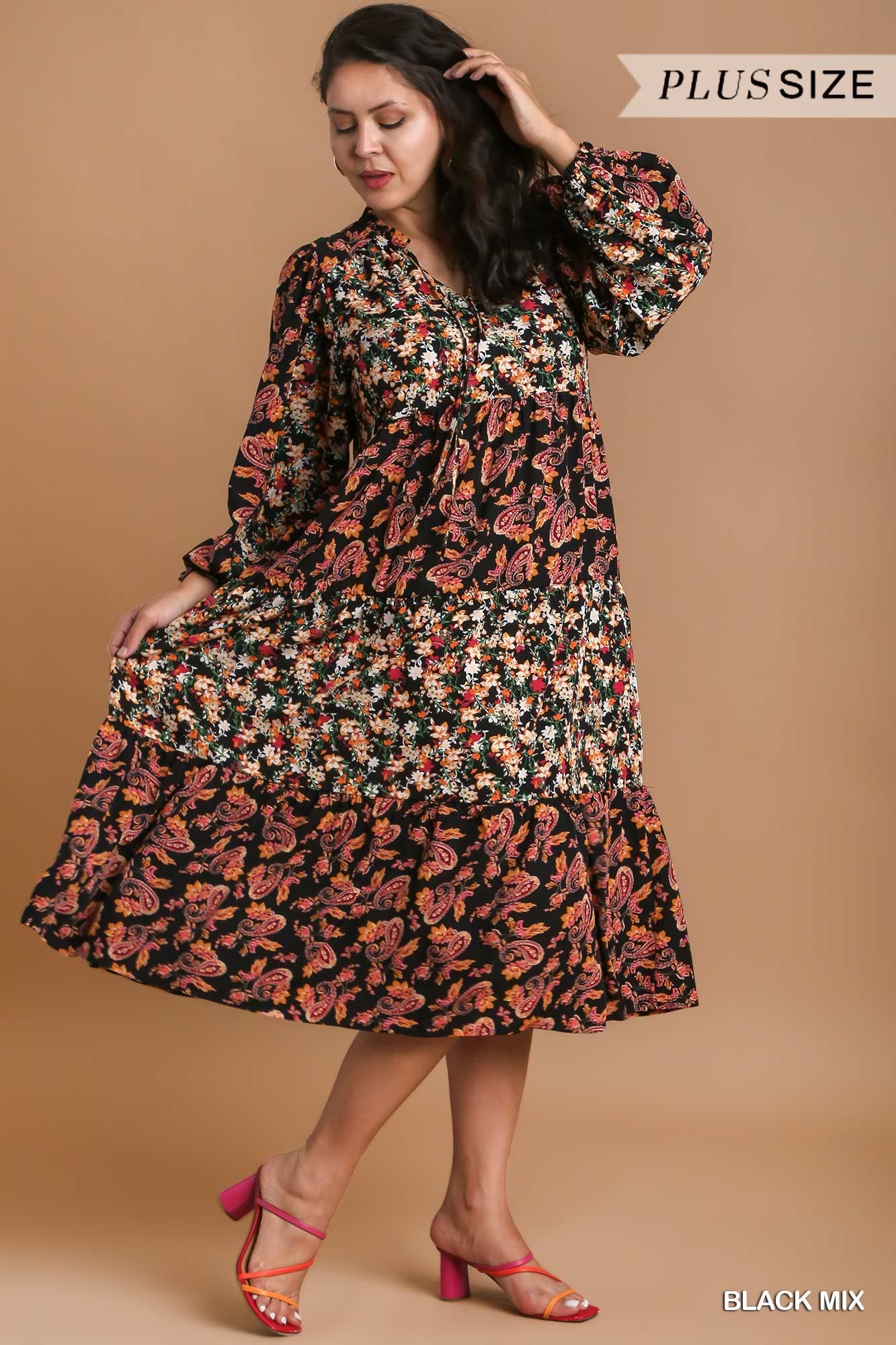 Umgee Plus Ruffle V-Neck Mixed Print Tiered Midi Dress