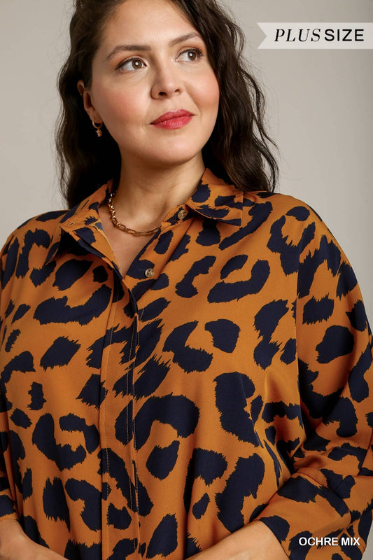 Umgee Plus Two-Tone Leopard Printed Collared Button Down Shirt Top