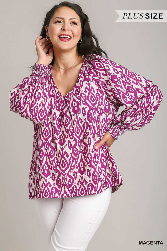 Umgee Plus Abstract Two Tone Printed V-Neck Balloon Sleeve Top