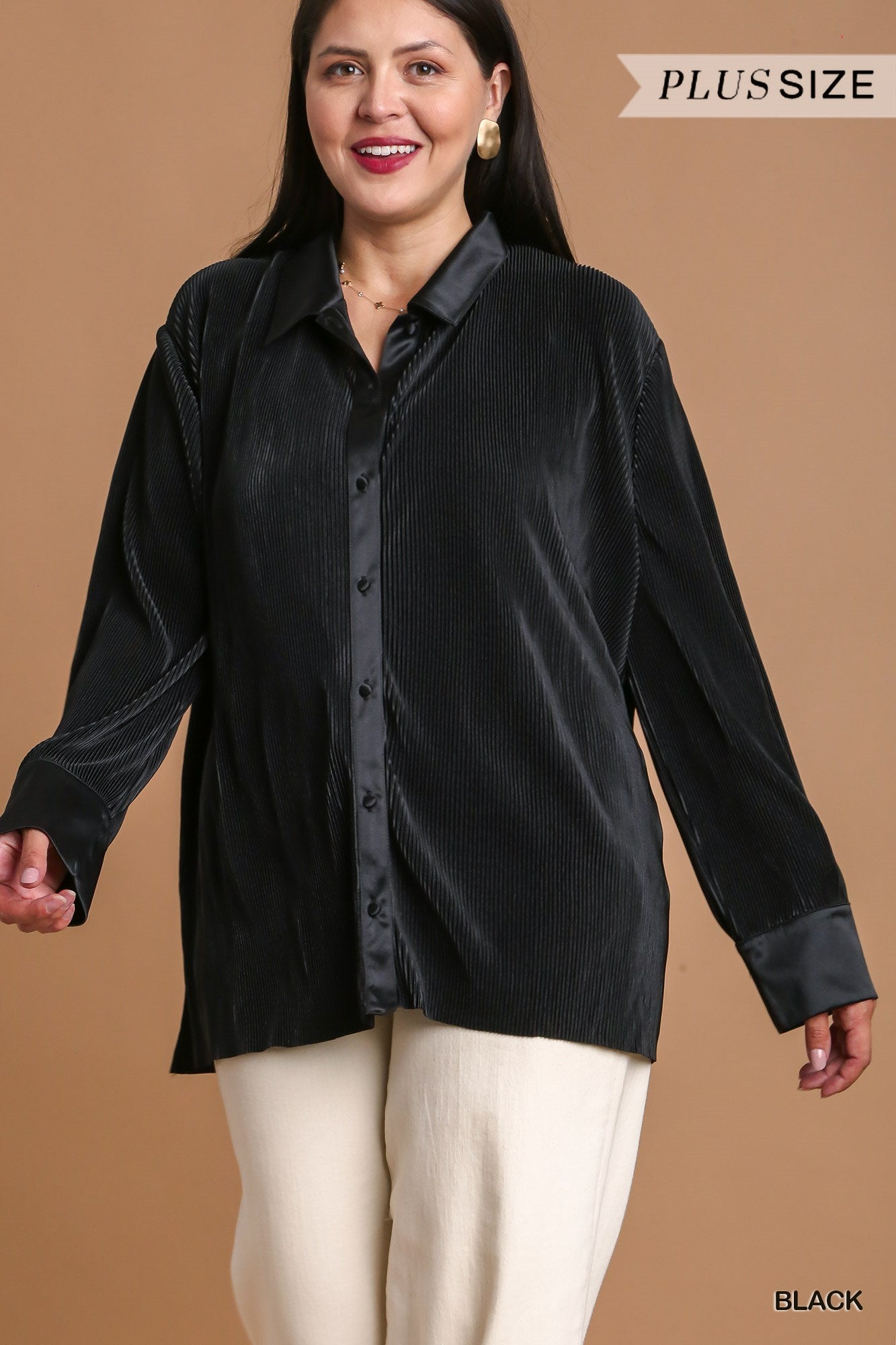 Umgee Plus Pleated Satin Button Up Collared Top