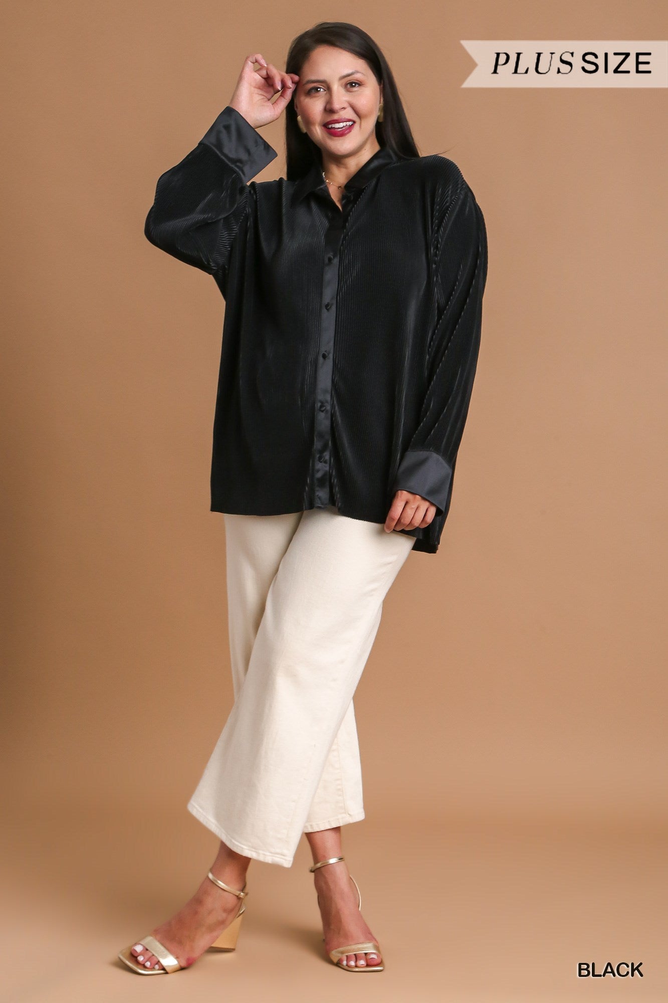 Umgee Plus Pleated Satin Button Up Collared Top