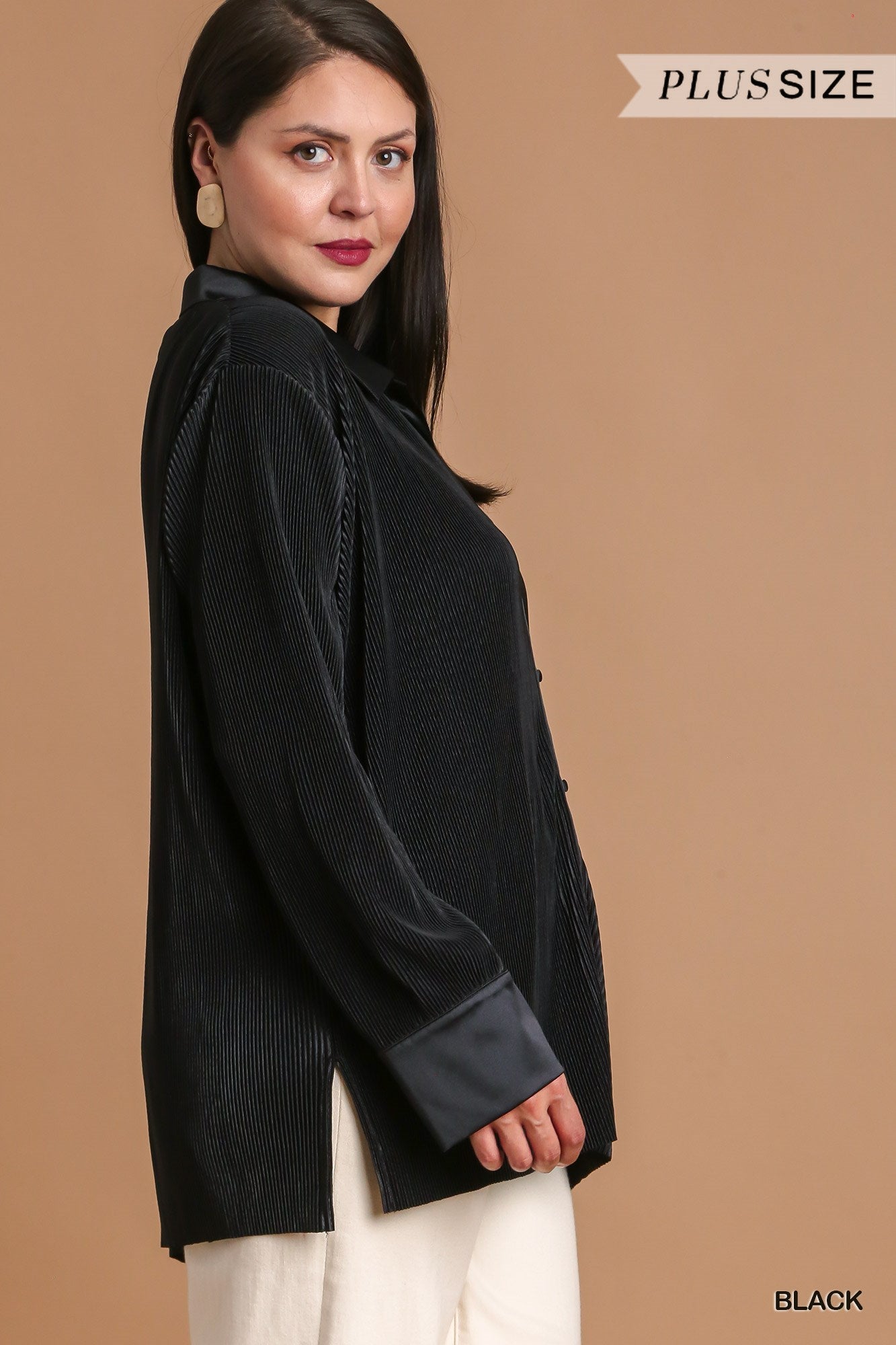 Umgee Plus Pleated Satin Button Up Collared Top