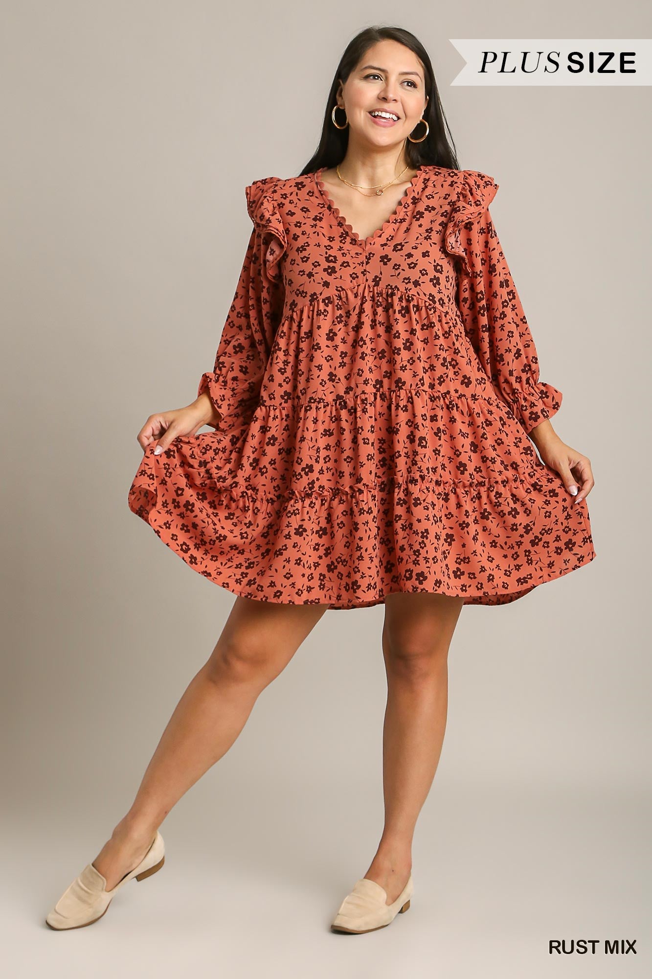 Umgee Plus Flower Tiered Ric Rac Trim Neckline Dress