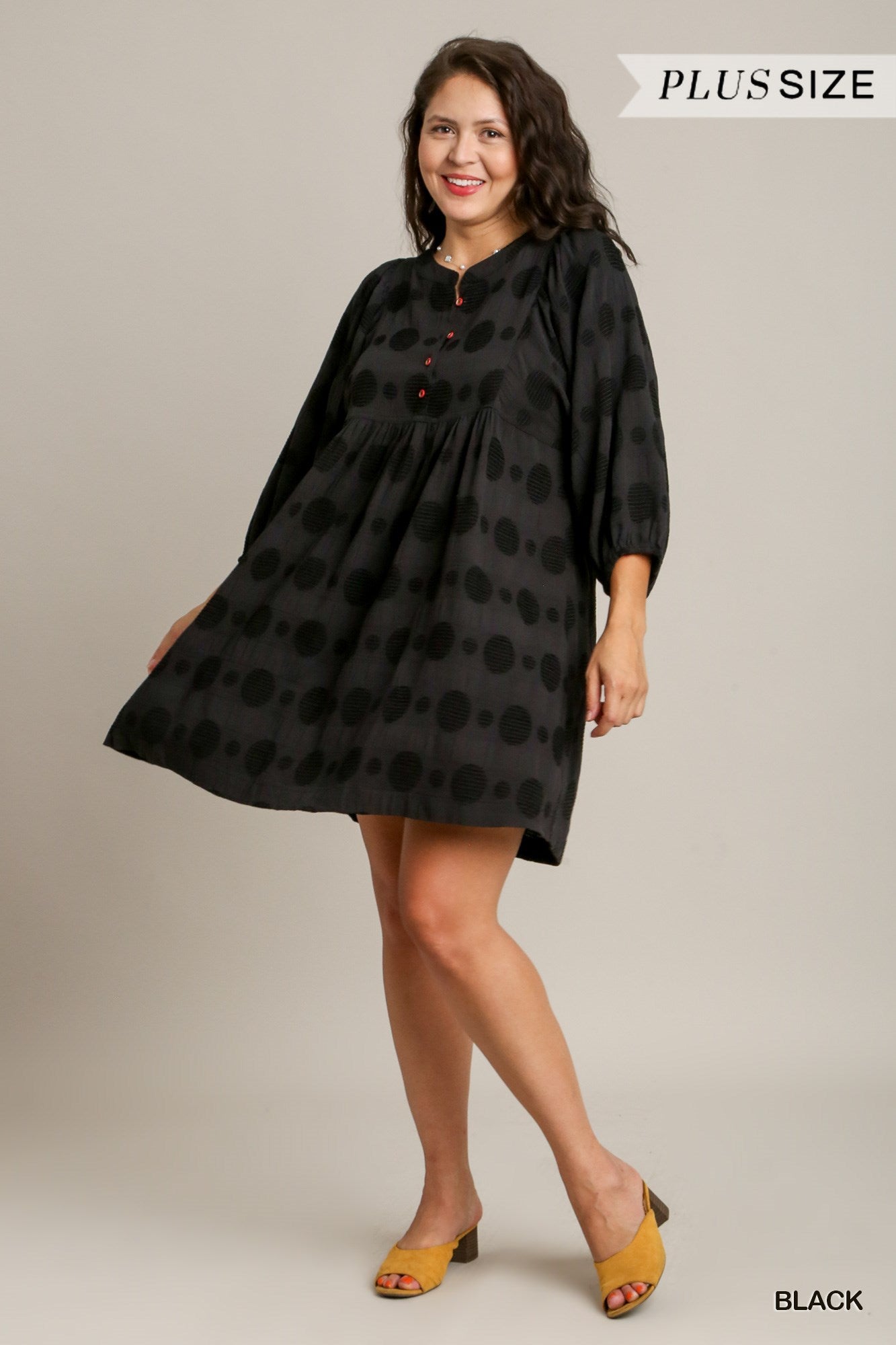 Umgee Plus Solid Textured Round Neck Puffy Sleeve Dress
