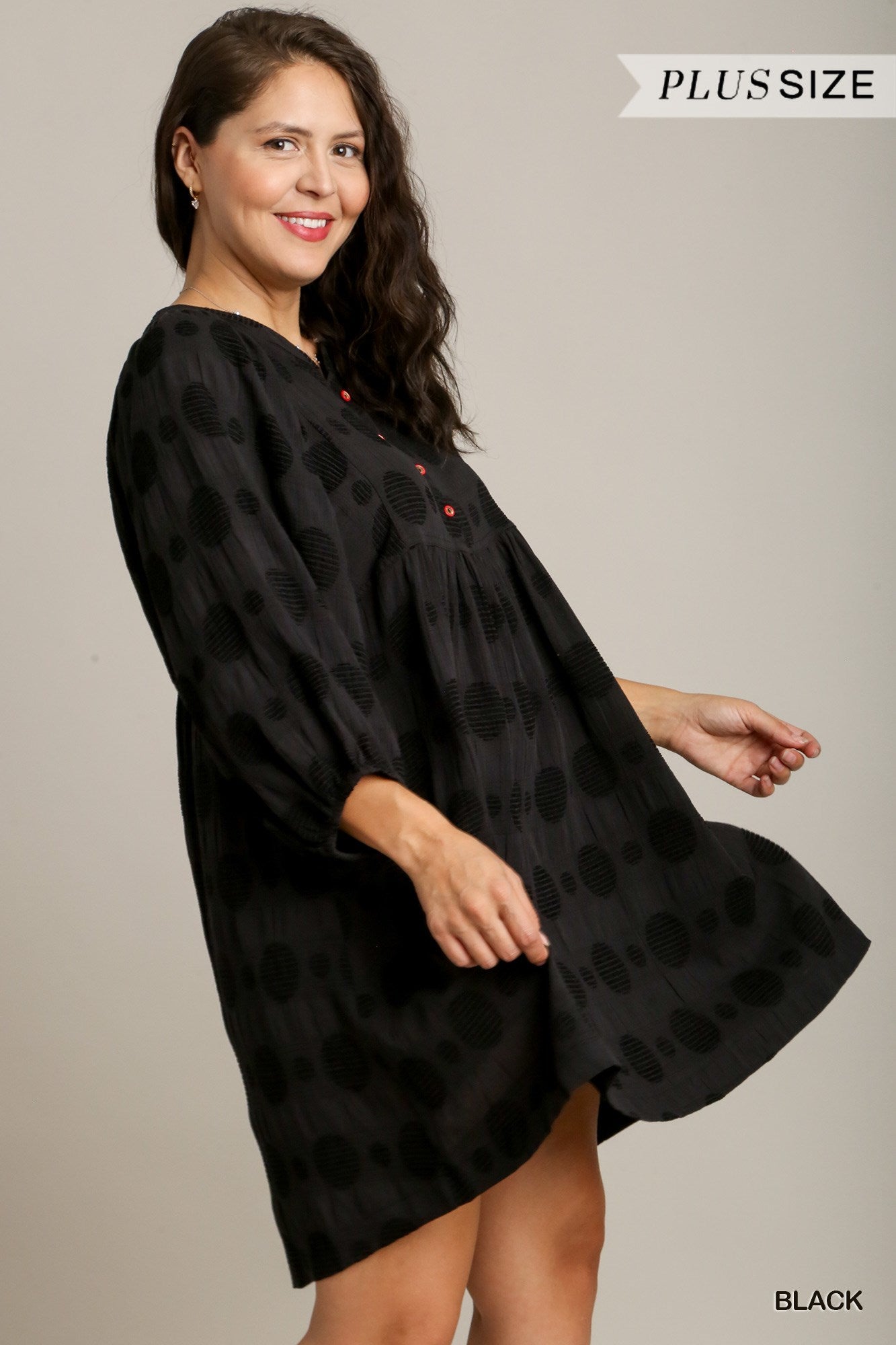 Umgee Plus Solid Textured Round Neck Puffy Sleeve Dress