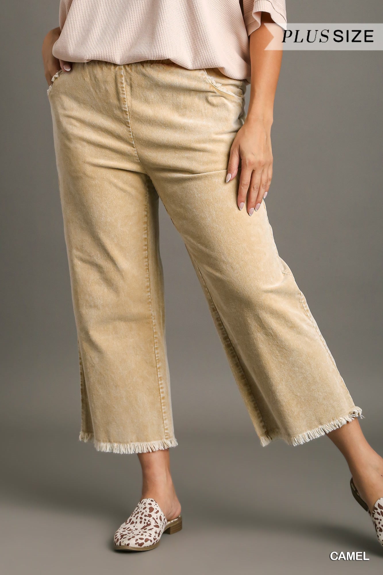 Umgee Plus Stone Wash Elastic Waist Frayed Hem Wide Leg Pants