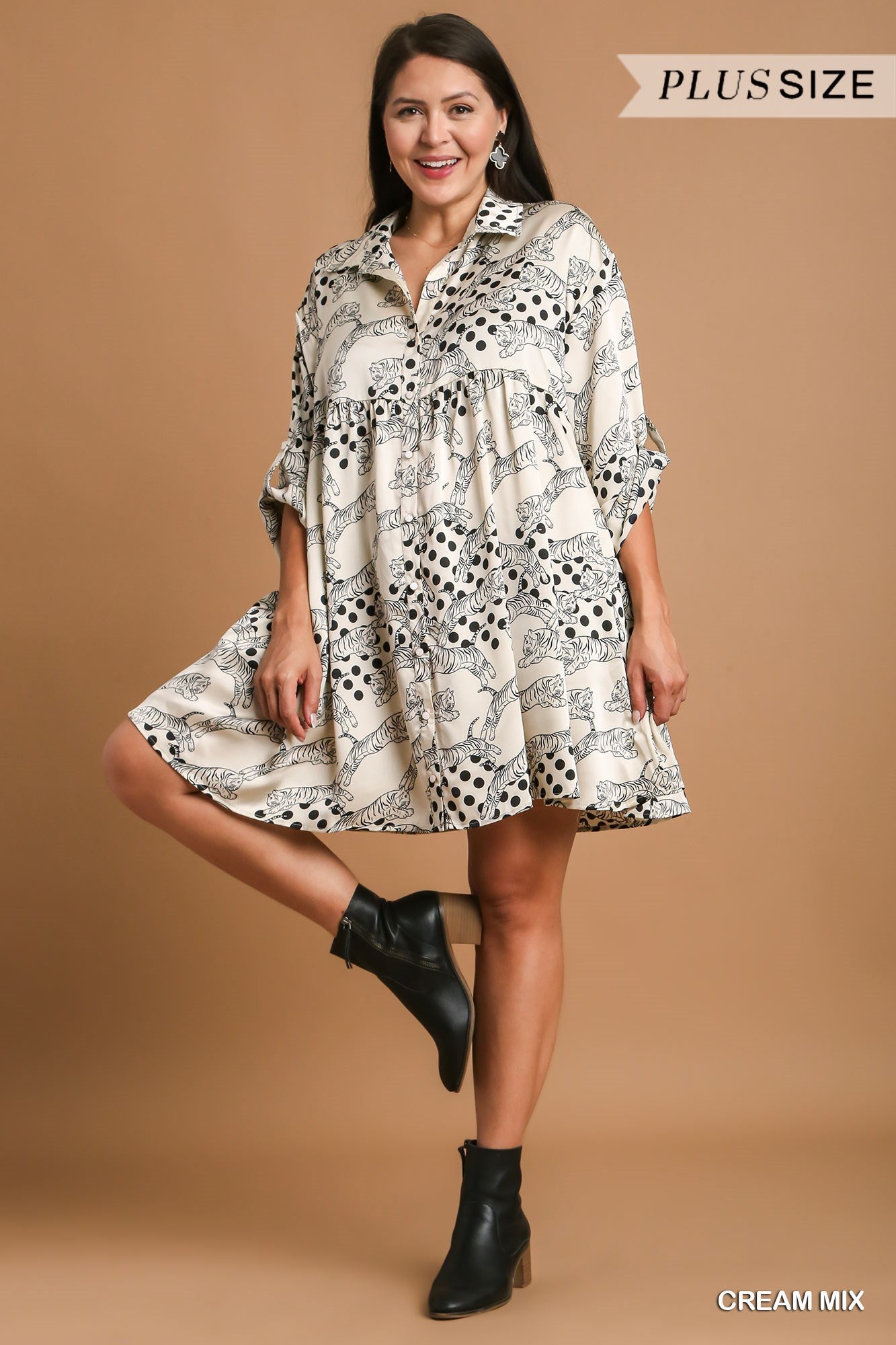 Umgee Plus Satin Animal with Dotted Print A-Line Button Down Collared Dress