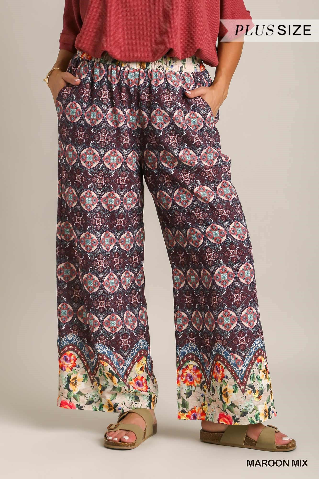 Umgee Plus Mixed Print Elastic Waistband Wide Fit Pants