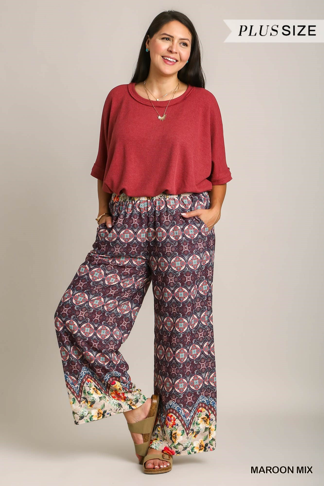 Umgee Plus Mixed Print Elastic Waistband Wide Fit Pants