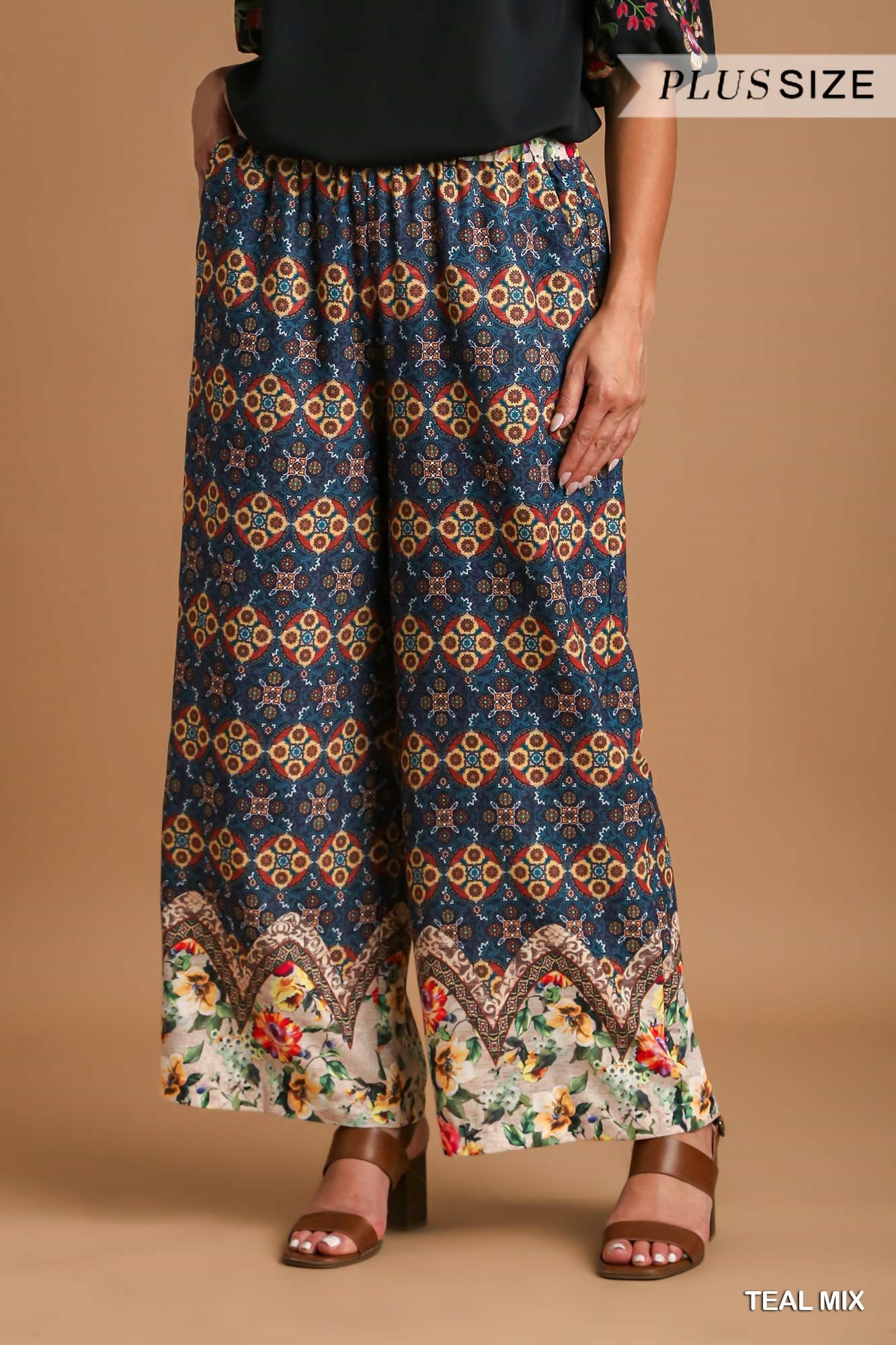 Umgee Plus Mixed Print Elastic Waistband Wide Fit Pants