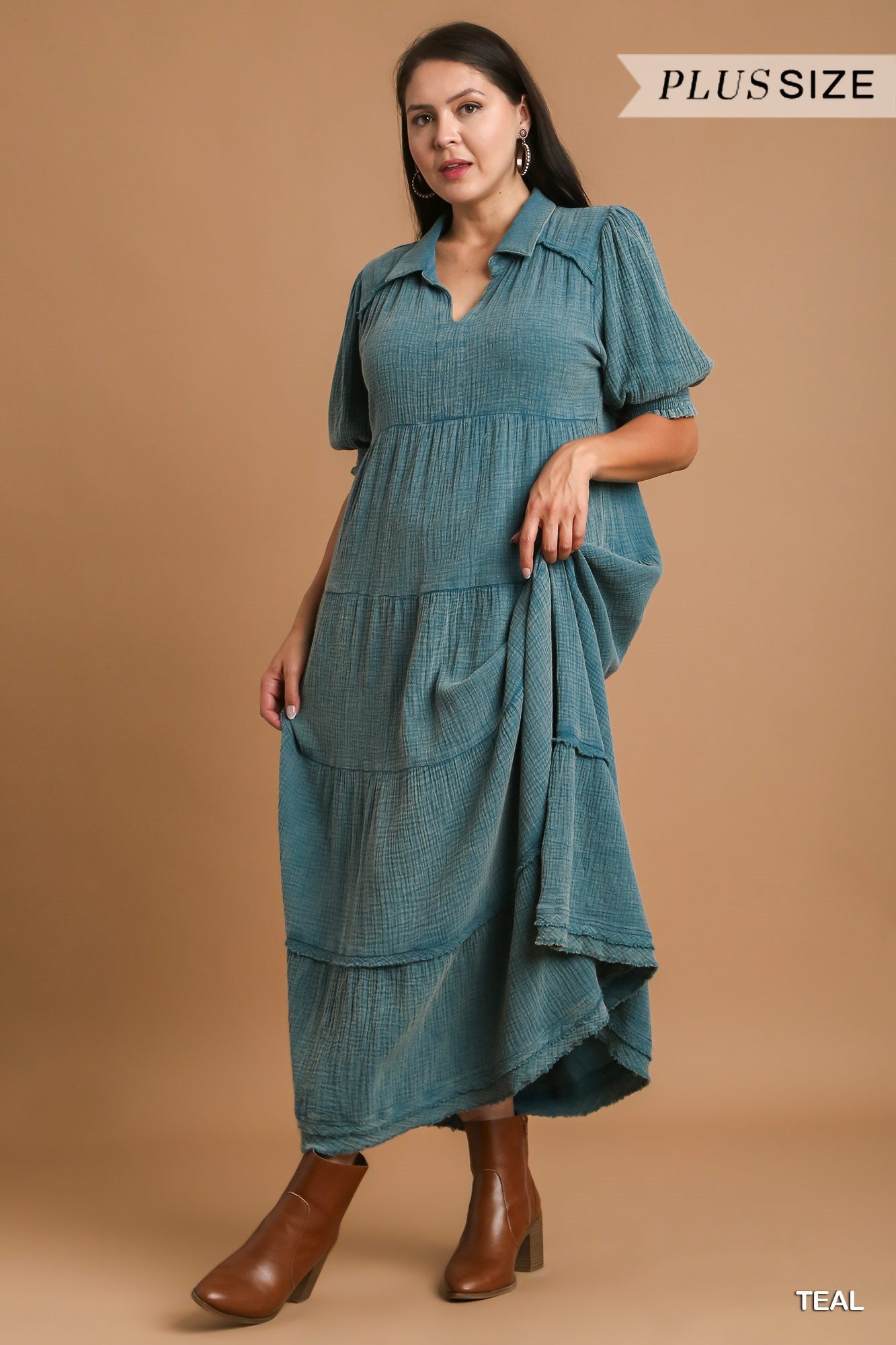 Umgee Plus Mineral Wash Cotton Gauze Dress with Frayed Hem Dress
