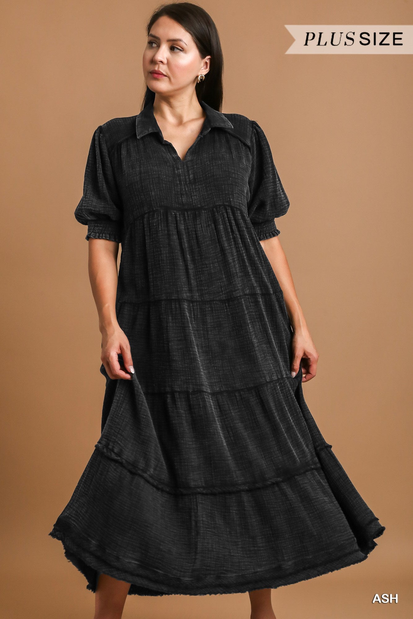 Umgee Plus Mineral Wash Cotton Gauze Dress with Frayed Hem Dress
