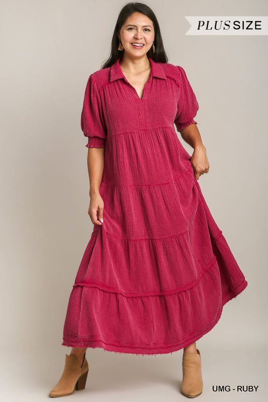 Umgee Plus Mineral Wash Cotton Gauze Dress with Frayed Hem Dress