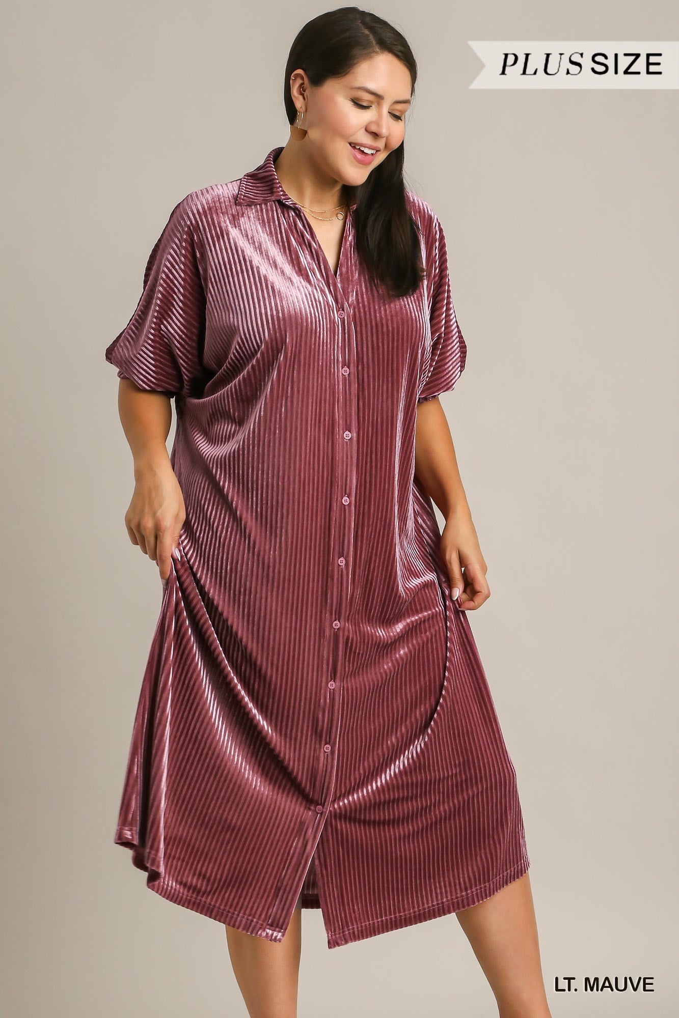 Umgee Plus Velvet Stripe Button Down Shirt Maxi Dress