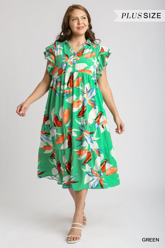 Umgee Plus Floral Print Collared Double Layered Ruffle Sleeves Midi Dress