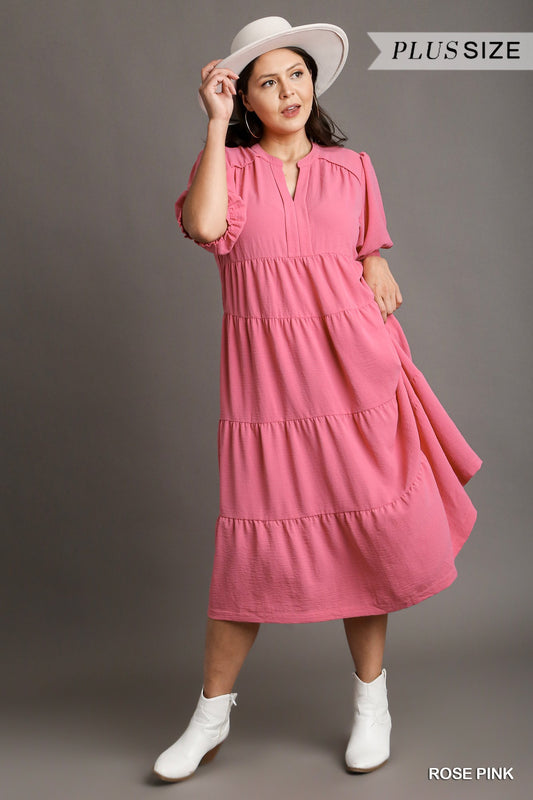 Umgee Plus Solid A-Line Tiered Split Neck Balloon Sleeves Piping Midi Dress