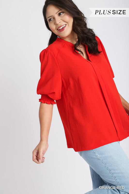Umgee Plus Split Neck Boxy Cut Piping Cuffed Sleeves Top