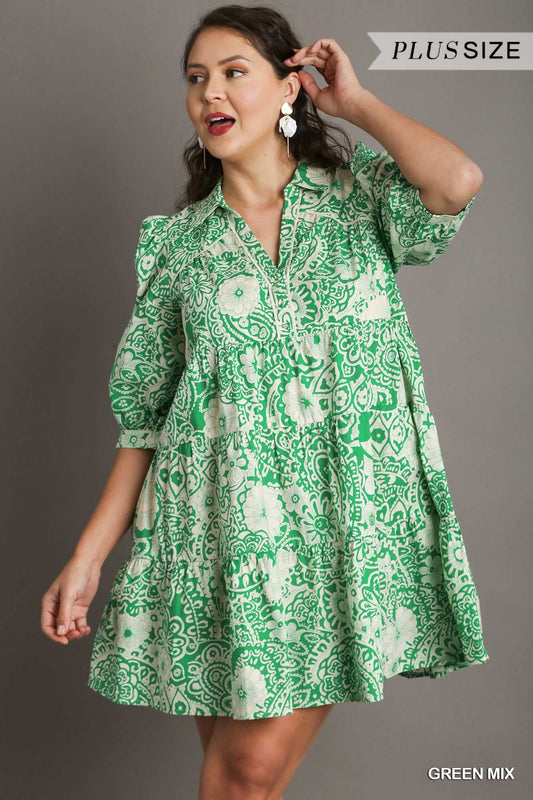 Umgee Plus Two Tone Print A-Line Tiered Sleeve Piping Dress