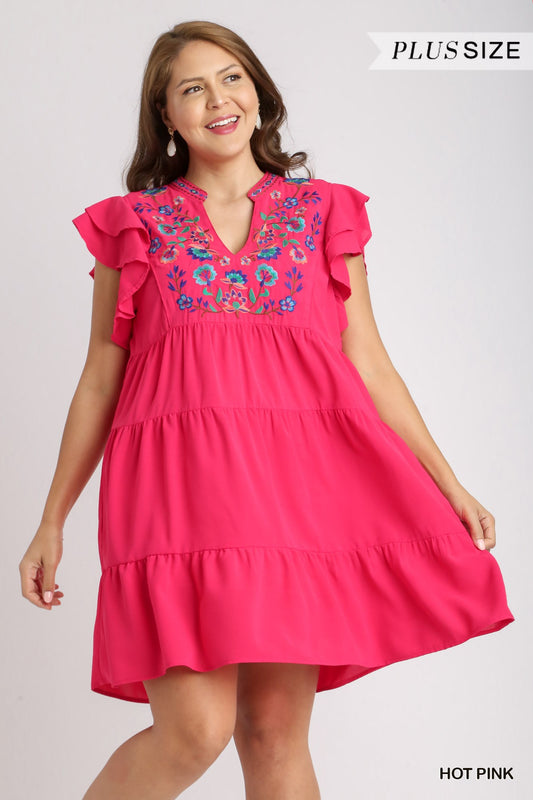 Umgee Plus Embroidery Split Neck Short Double Ruffle Sleeves Tiered Dress