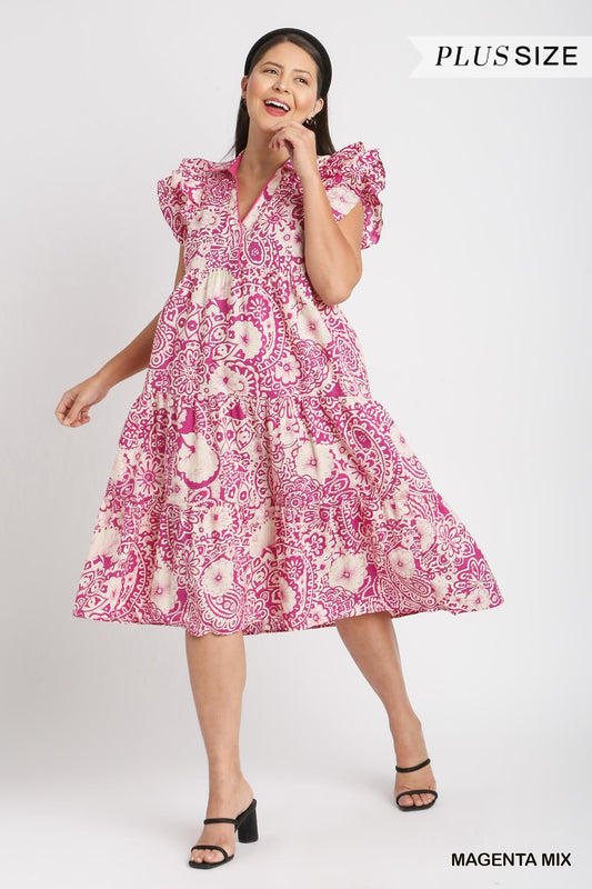 Umgee Plus Two Tone Paisley Print Collared Tiered Flutter Sleeves Midi Dress