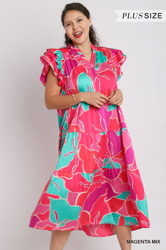 Umgee Plus Satin Abstract Print Ruffle Neck Layered Ruffle Sleeves Maxi Dress