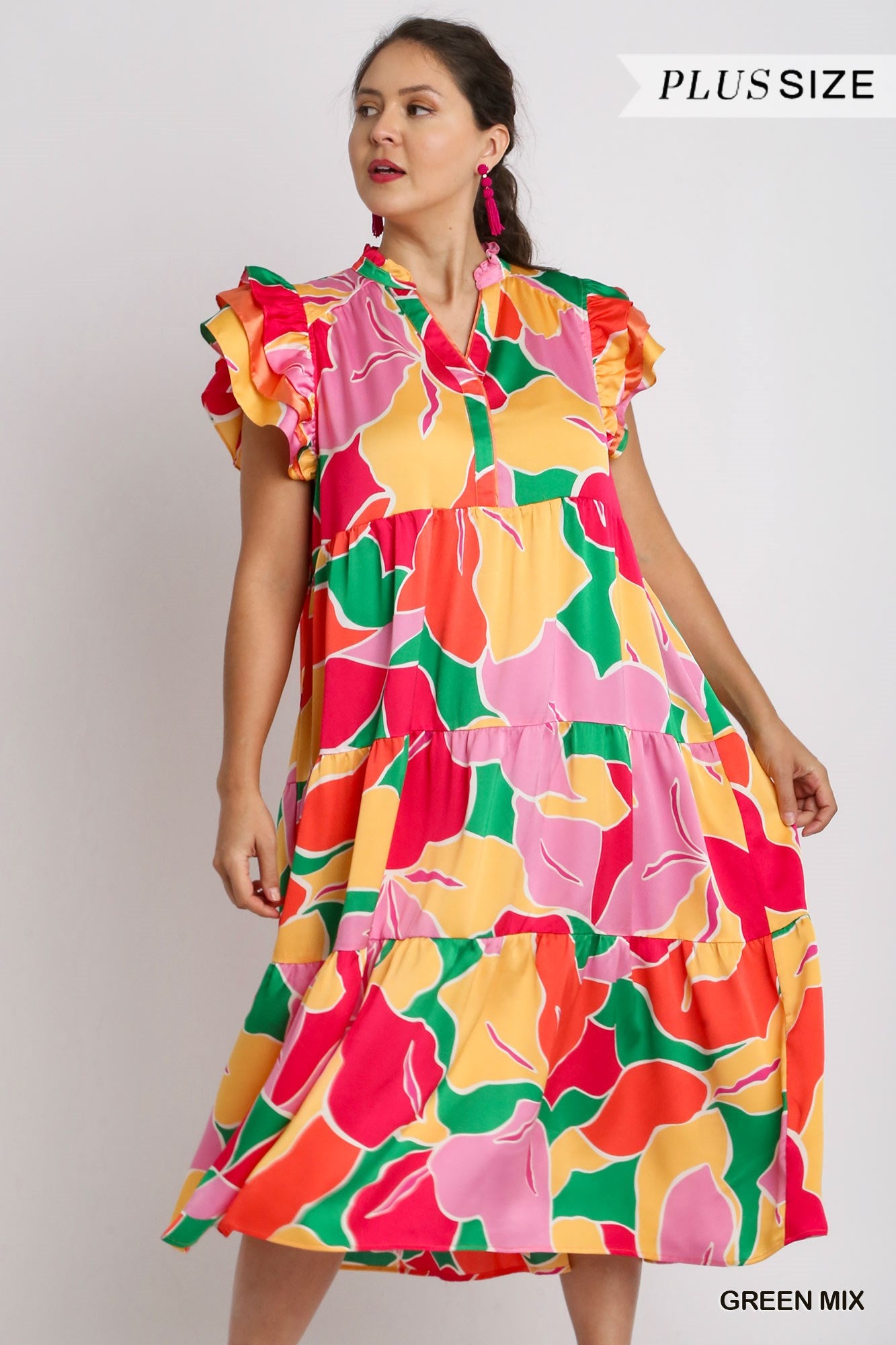 Umgee Plus Satin Abstract Print Ruffle Neck Layered Ruffle Sleeves Maxi Dress