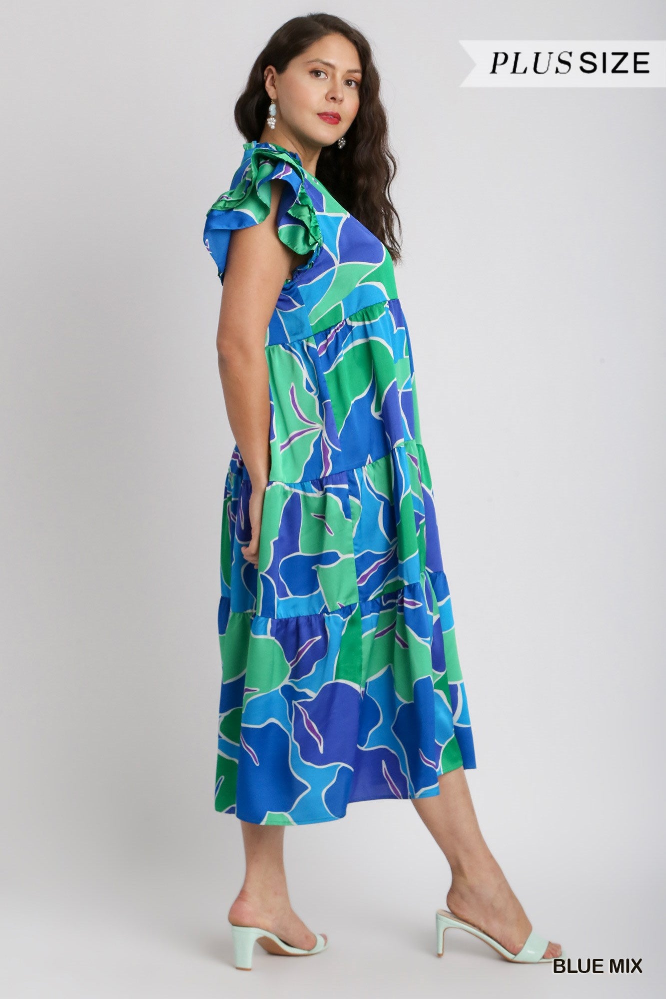 Umgee Plus Satin Abstract Print Ruffle Neck Layered Ruffle Sleeves Maxi Dress