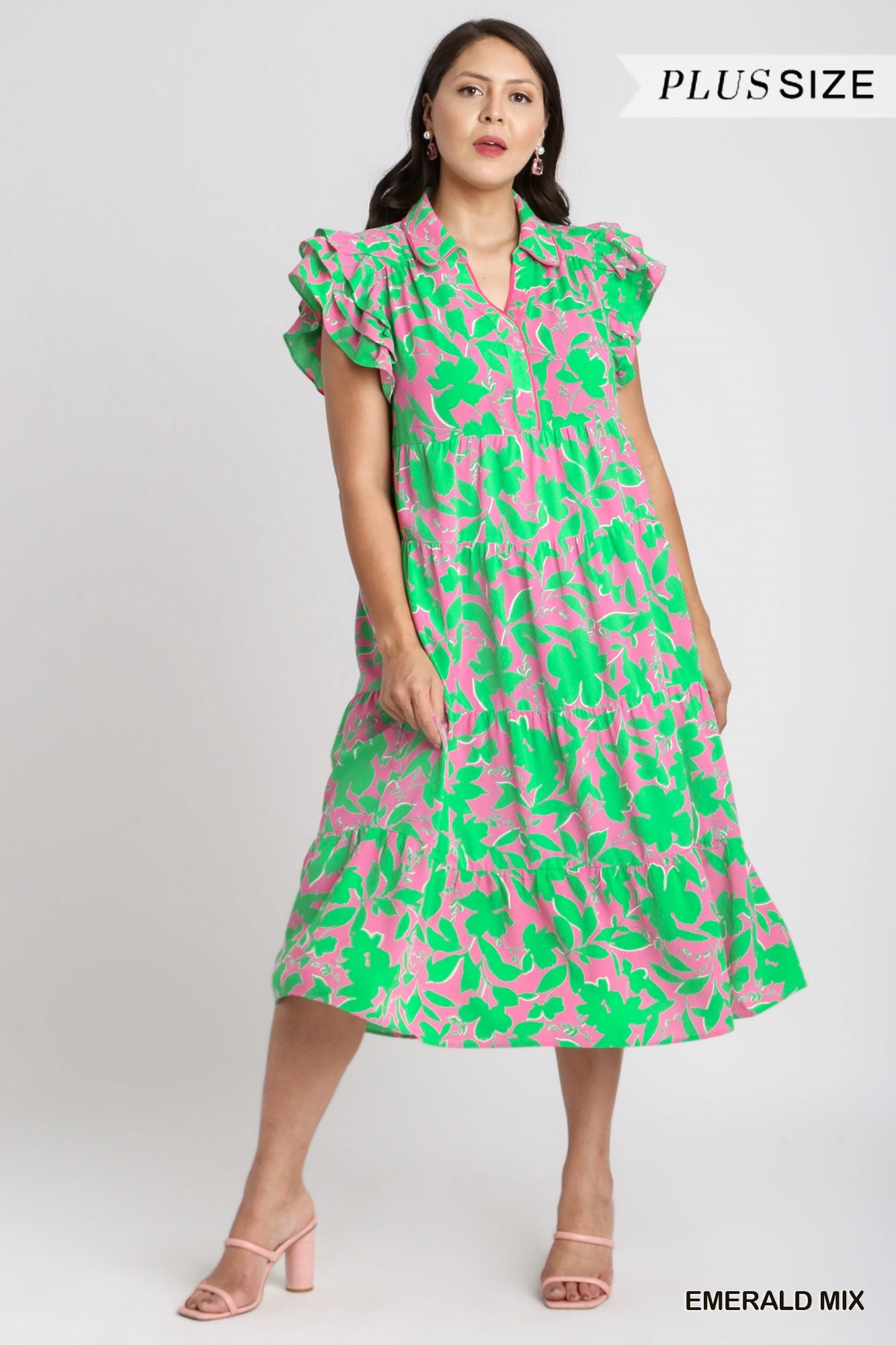 Umgee Plus Two Tone A-Line Floral Print Collared Tiered Ruffle Sleeves Dress
