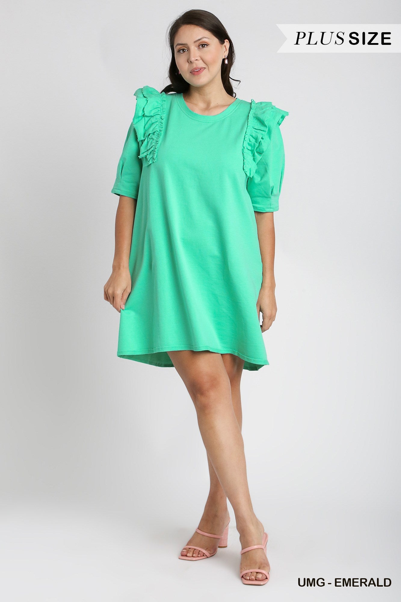 Umgee Plus Round Neck French Terry Pleats 3/4 Ruffle Sleeves Dress