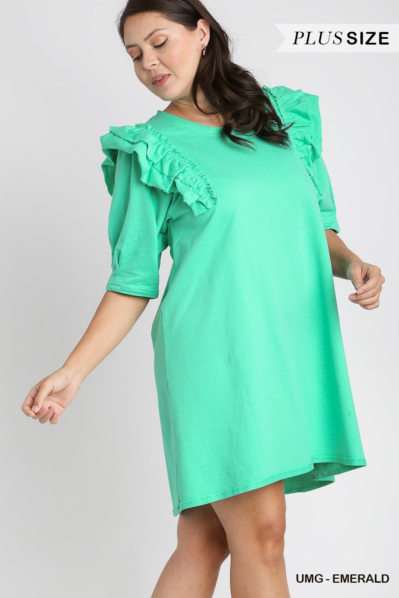 Umgee Plus Round Neck French Terry Pleats 3/4 Ruffle Sleeves Dress