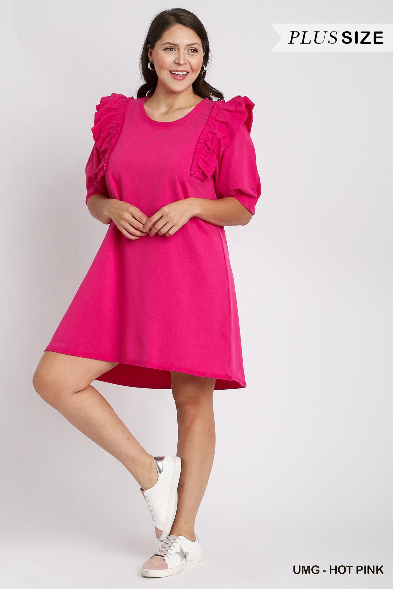 Umgee Plus Round Neck French Terry Pleats 3/4 Ruffle Sleeves Dress