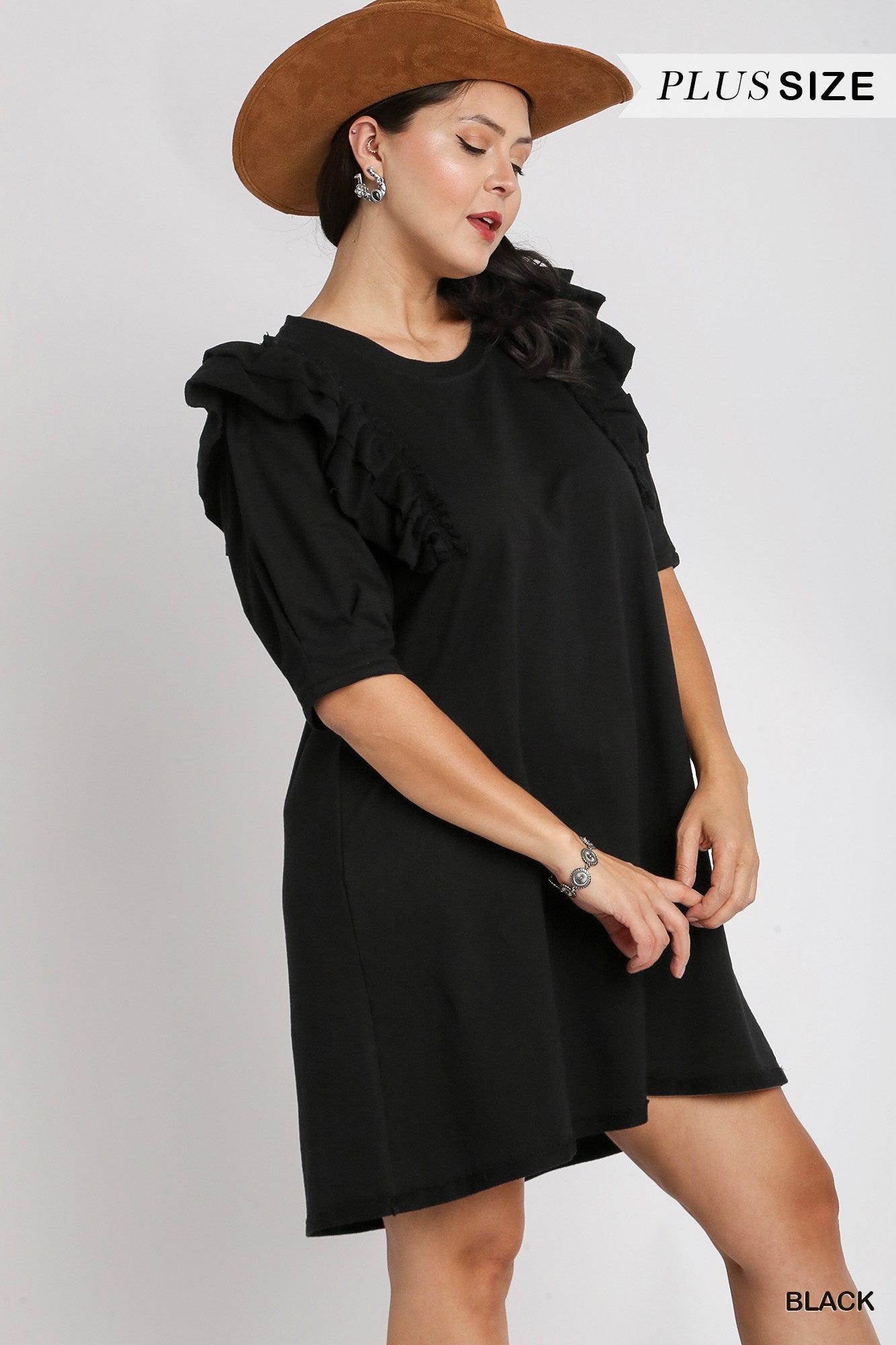 Umgee Plus Round Neck French Terry Pleats 3/4 Ruffle Sleeves Dress