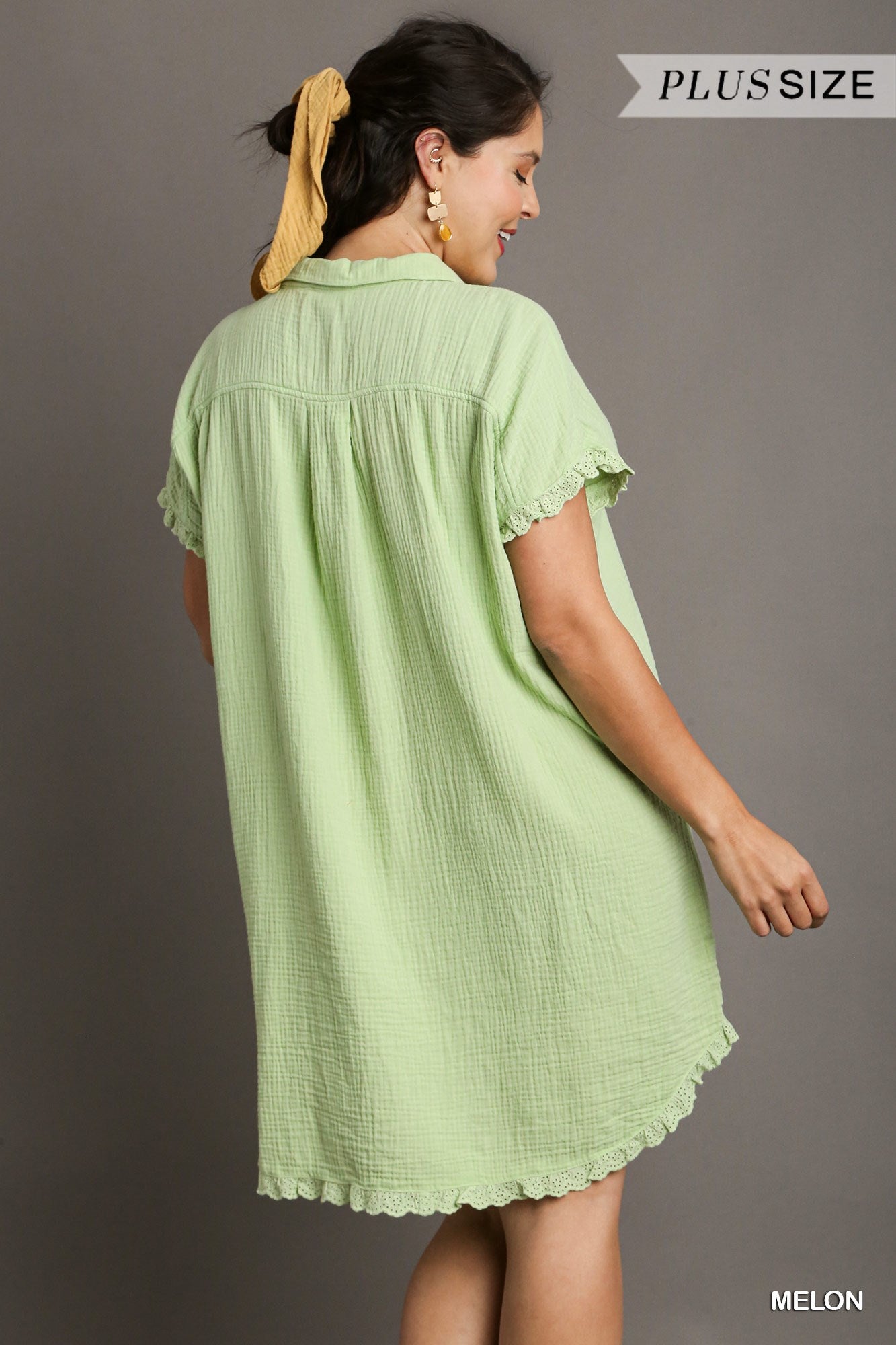 Umgee Plus Collar Button Down Short Sleeve Cotton Gauze Eyelet Dress