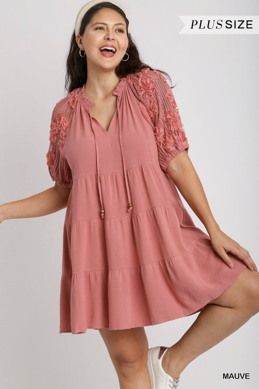 Umgee Plus Linen Tiered V-Neck Ruffle Split Neck Front Tie Flower Sleeve Short Dress