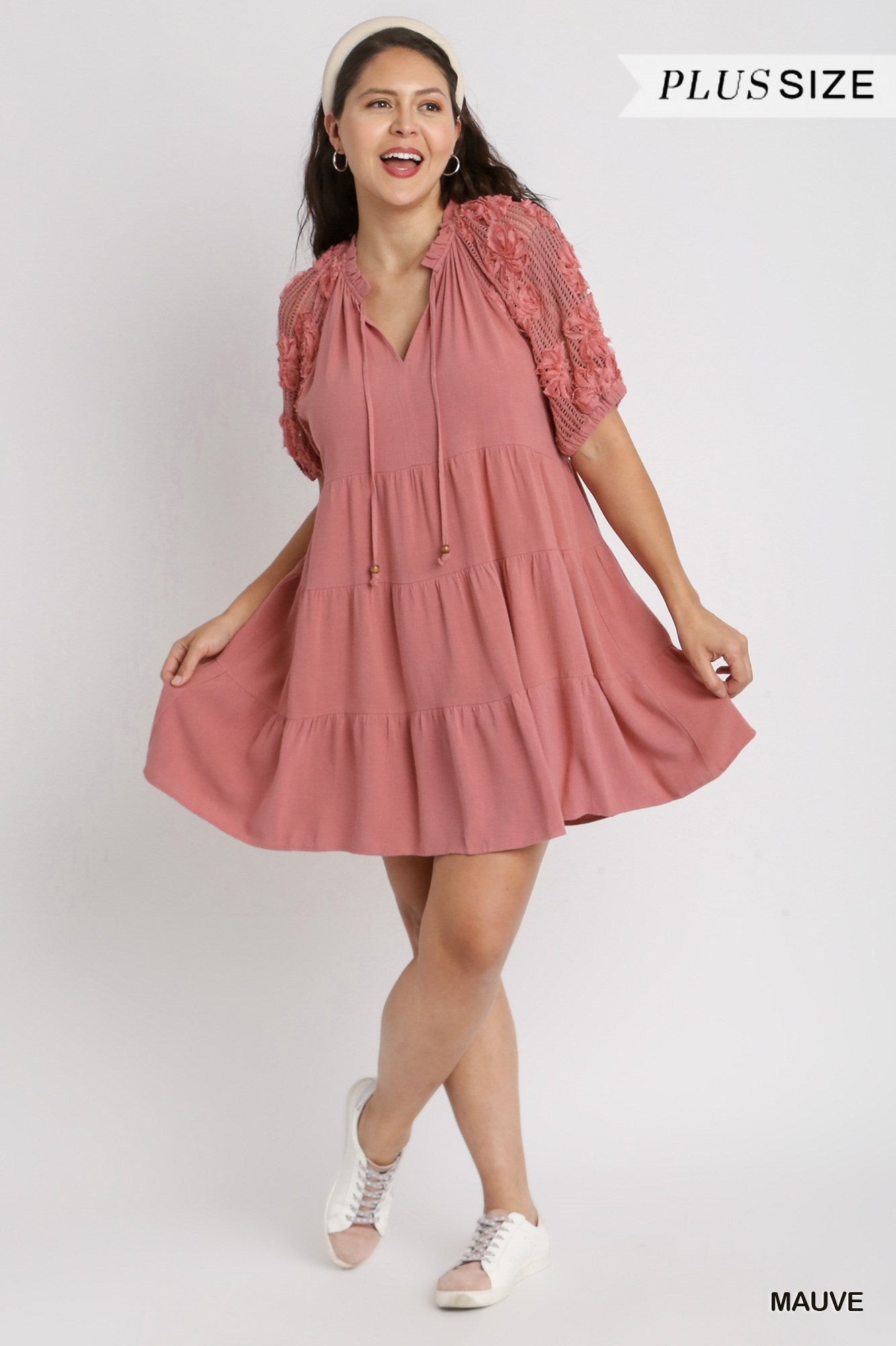 Umgee Plus Linen Tiered V-Neck Ruffle Split Neck Front Tie Flower Sleeve Short Dress