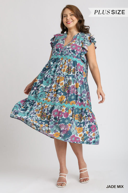 Umgee Plus Floral Print Split Neck Short Ruffle Sleeves Midi Dress