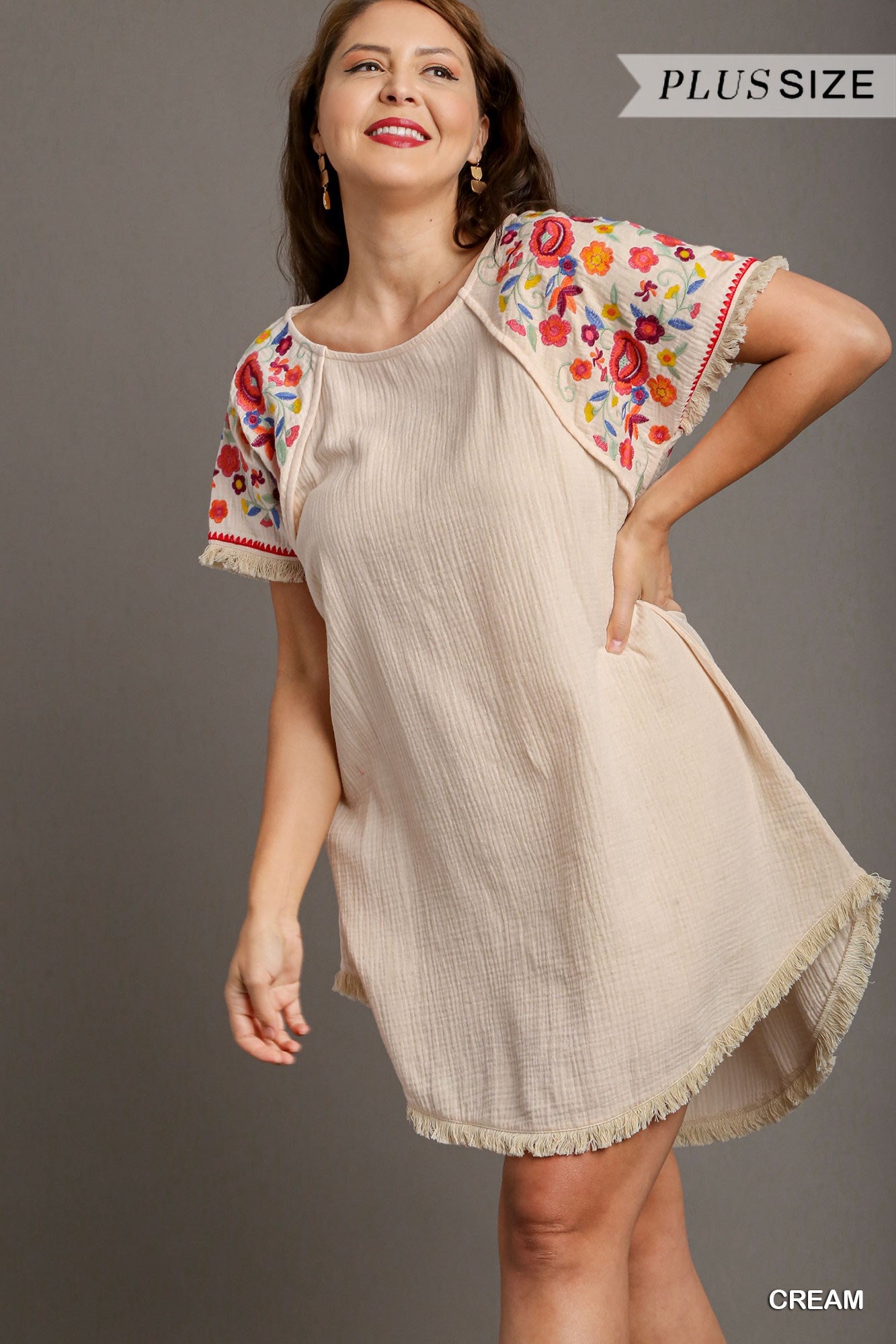 Umgee Plus Cotton Gauze High Low Frayed Hem Round Neck Embroidery Sleeves Dress