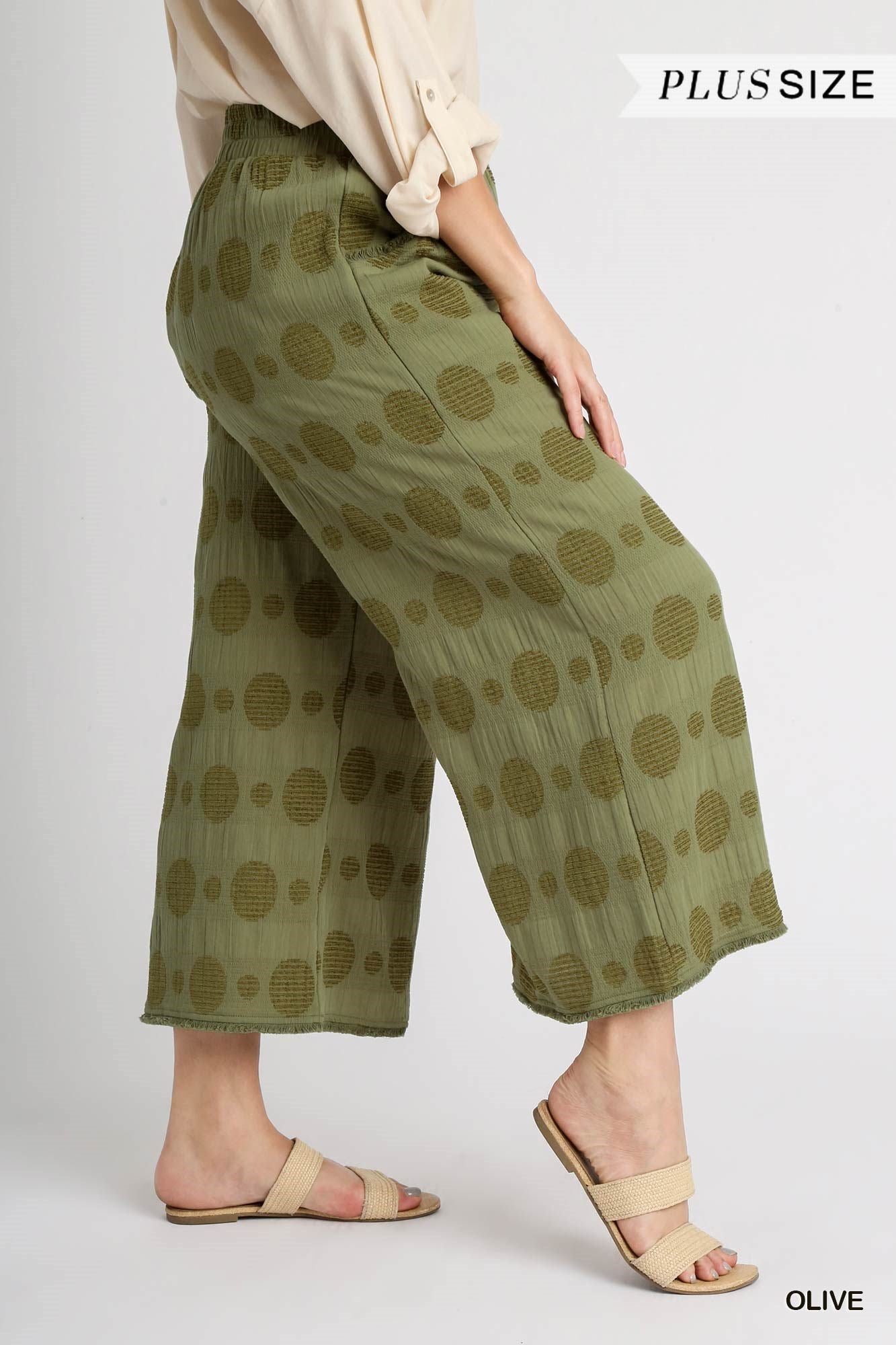 Umgee Plus Elastic Waistband Textured Polka Dot Wide Leg Pants