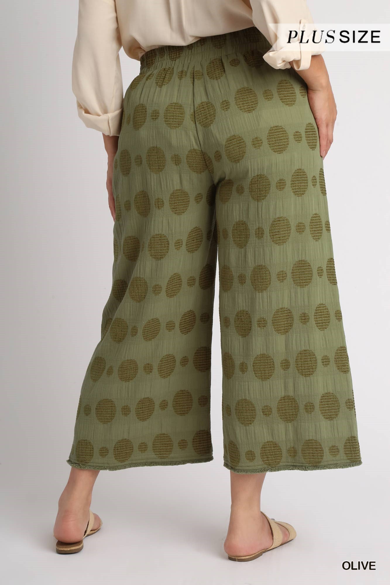 Umgee Plus Elastic Waistband Textured Polka Dot Wide Leg Pants