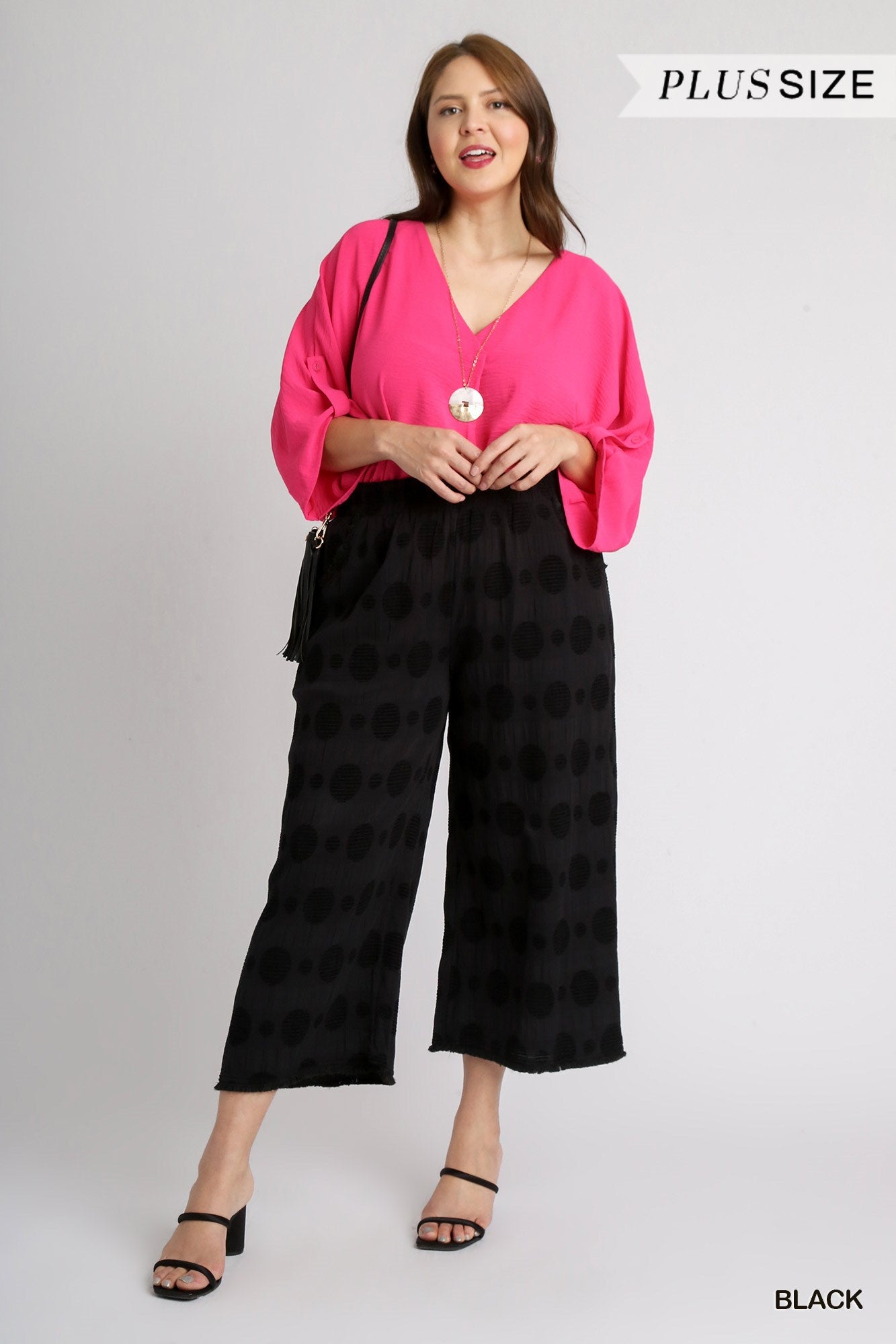 Umgee Plus Elastic Waistband Textured Polka Dot Wide Leg Pants