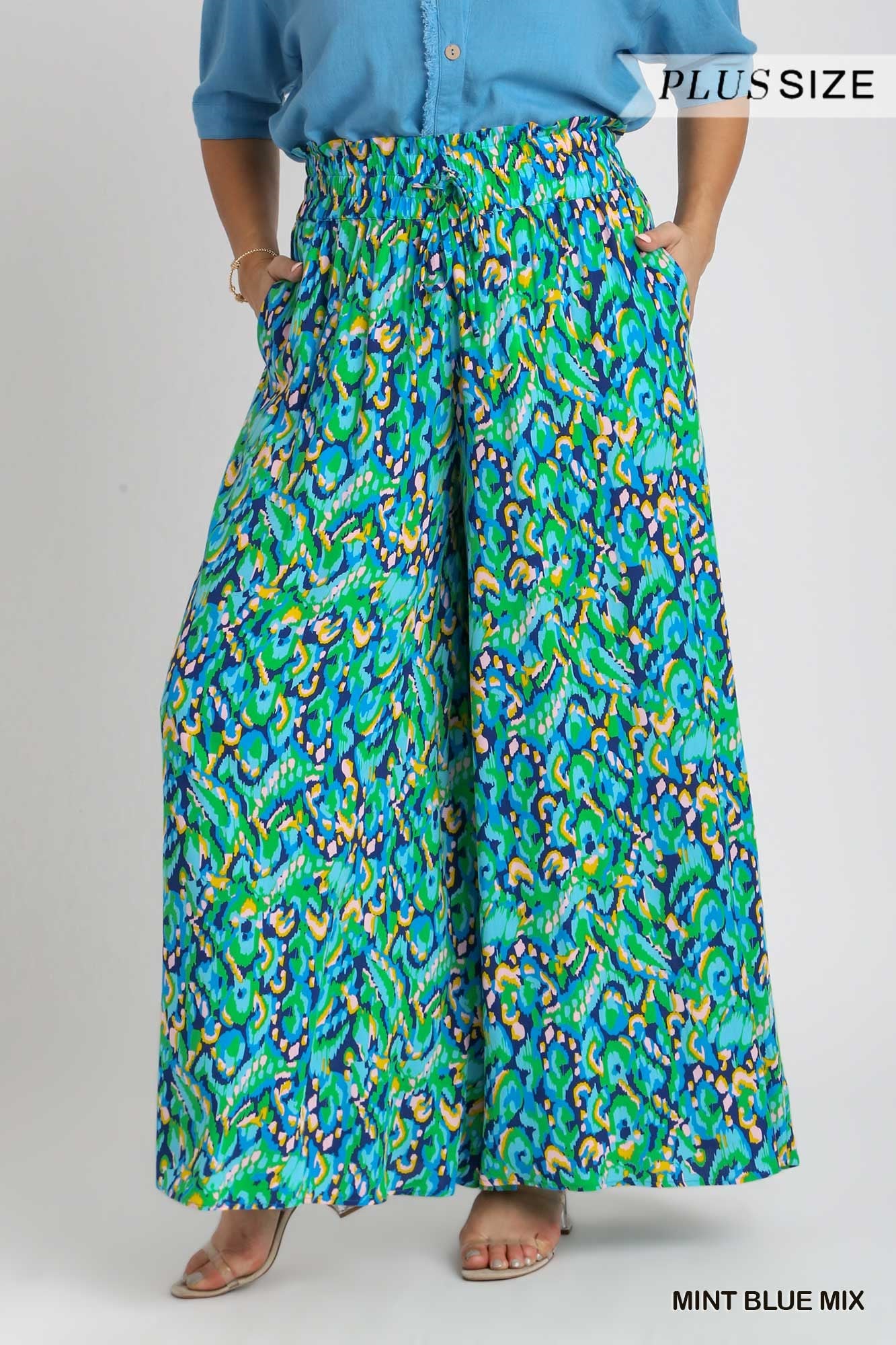 Umgee Plus Mixed Print Wide Leg Elastic Waist Tie Pants