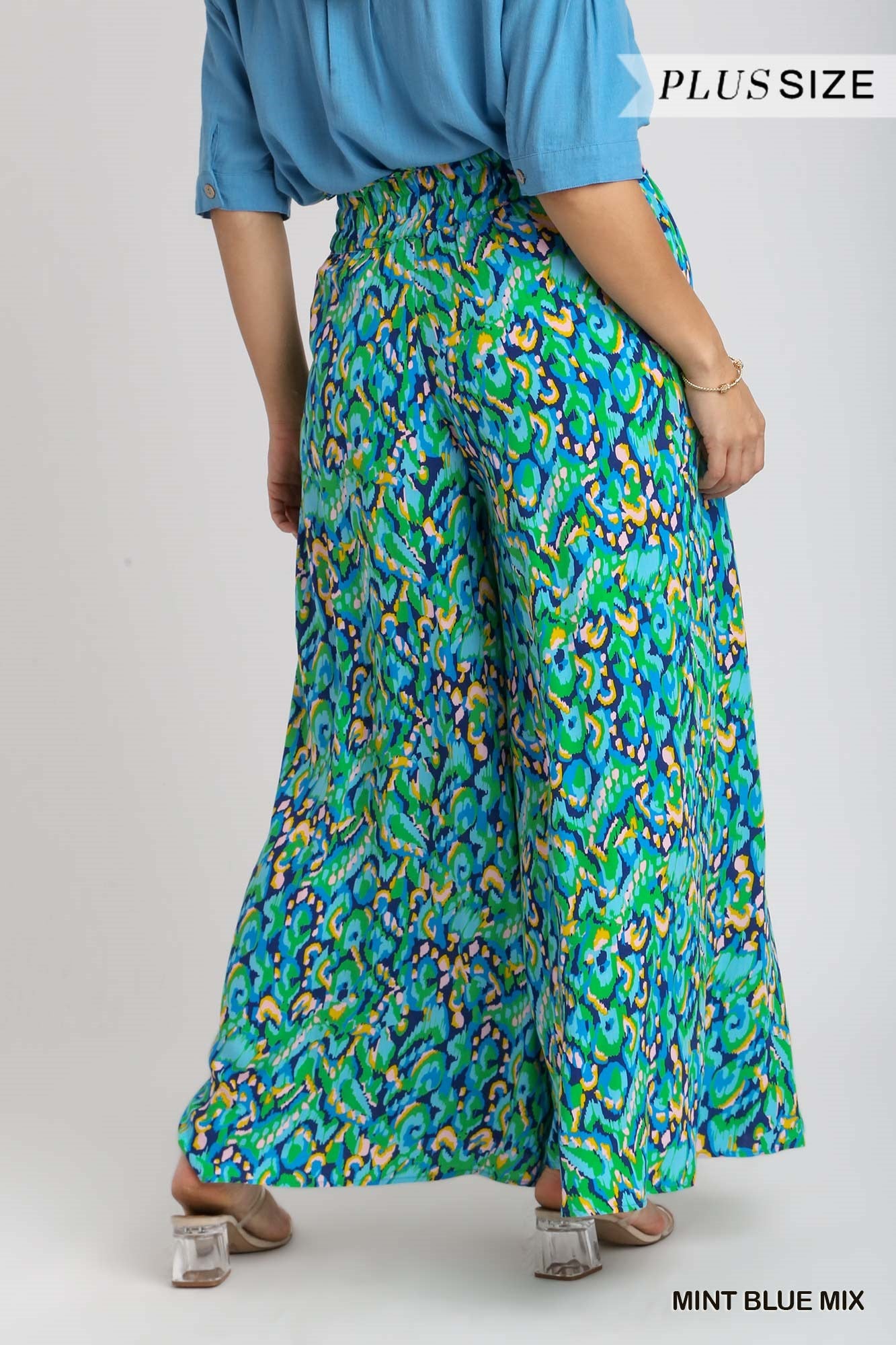 Umgee Plus Mixed Print Wide Leg Elastic Waist Tie Pants