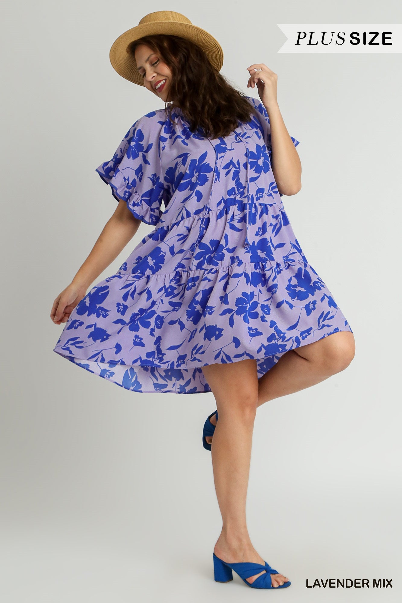 Umgee Plus Two Tone Floral Print Tiered A-Line Ruffle Sleeves Front Tie Dress
