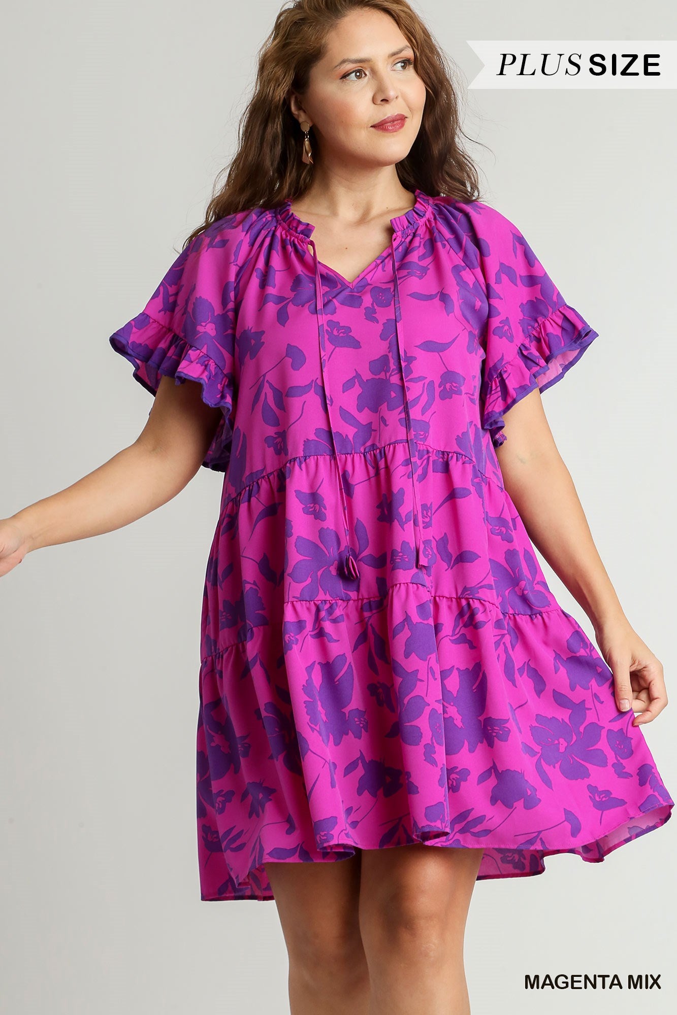 Umgee Plus Two Tone Floral Print Tiered A-Line Ruffle Sleeves Front Tie Dress